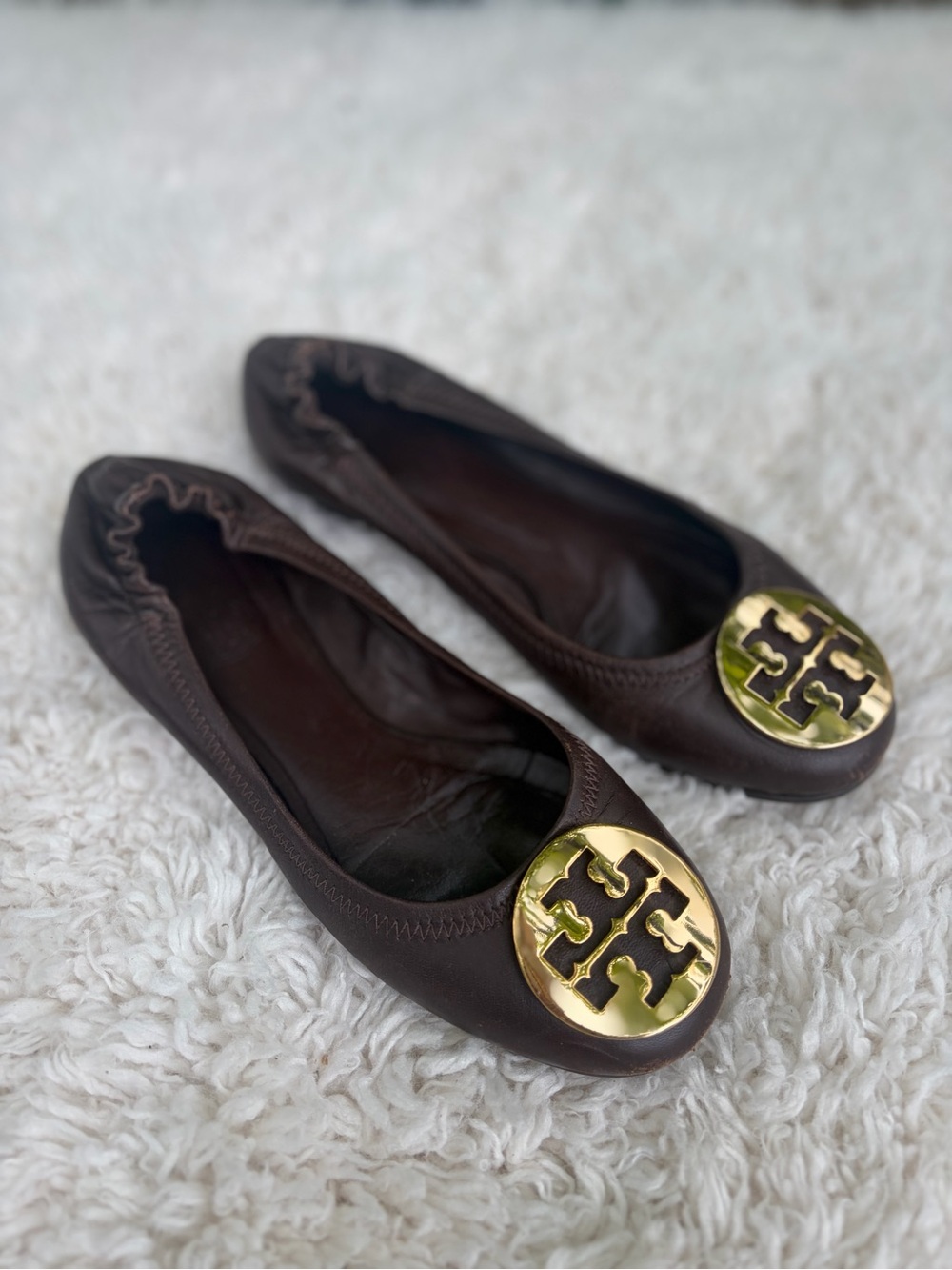 Tory Burch Dark Brown Leather Logo Round-Toe Ballet Flats with Gold Emblem